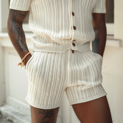 Men's Knit Shirt And Shorts Set Slim Fit Ribbed Texture