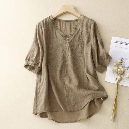 Women's Linen Blend V-Neck Short Sleeve Blouse