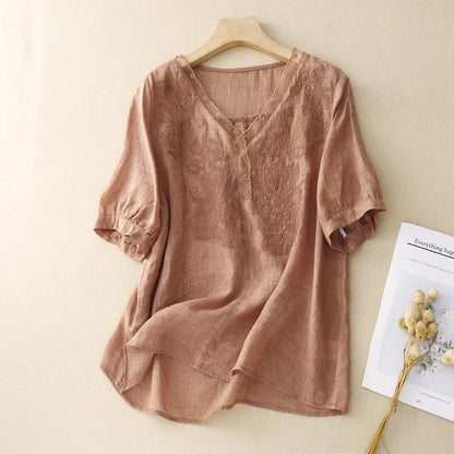Women's Linen Blend V-Neck Short Sleeve Blouse - Vonnera
