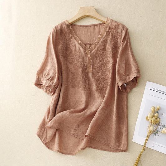 Women's Linen Blend V-Neck Short Sleeve Blouse - Vonnera