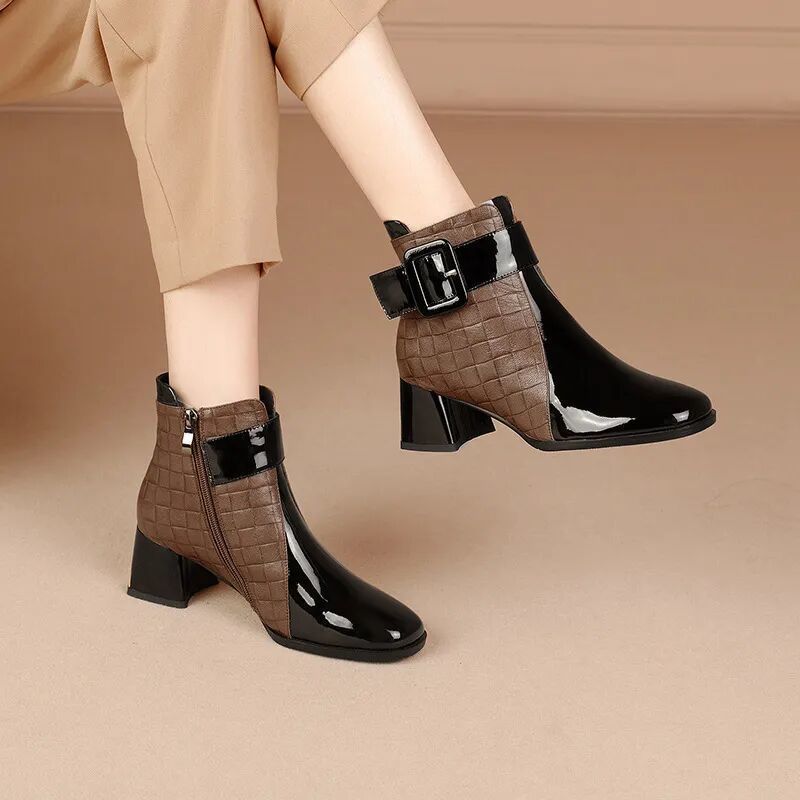Women's Two-Tone Ankle Boots Embossed Leather Brown Black - Vonnera