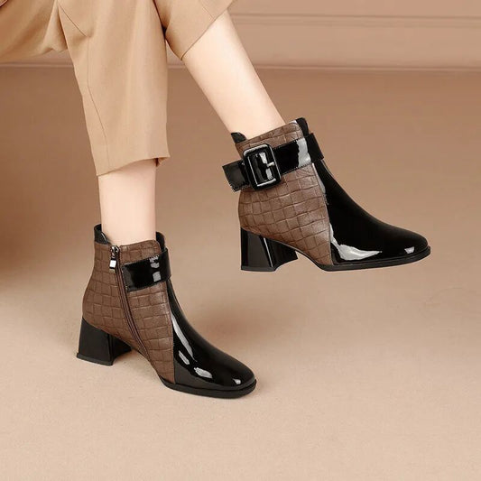 Women's Two-Tone Ankle Boots Embossed Leather Brown Black - Vonnera