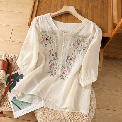 Women's Embroidered Blouse Floral Front Detail