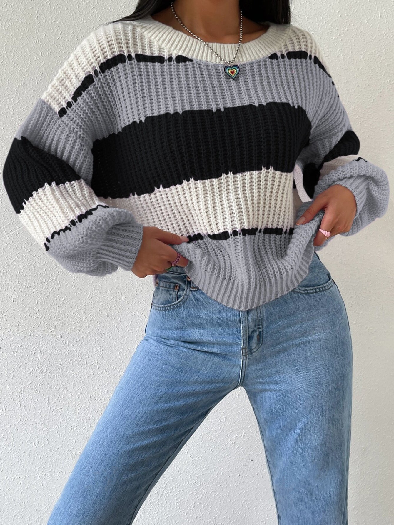 Women's Striped Knit Sweater Crew Neck Long Sleeves