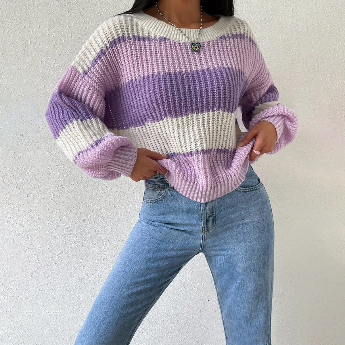 Women's Striped Knit Sweater Crew Neck Long Sleeves - Vonnera