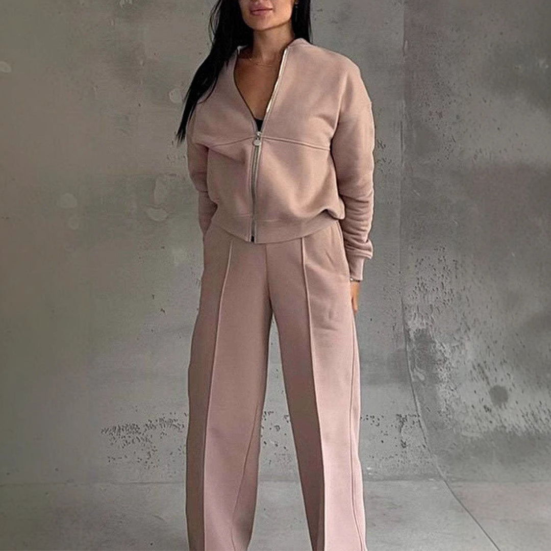 Women's Zipper Jacket Wide Leg Trousers Set