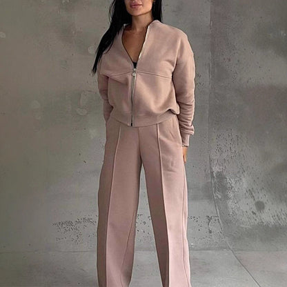 Women's Zipper Jacket Wide Leg Trousers Set