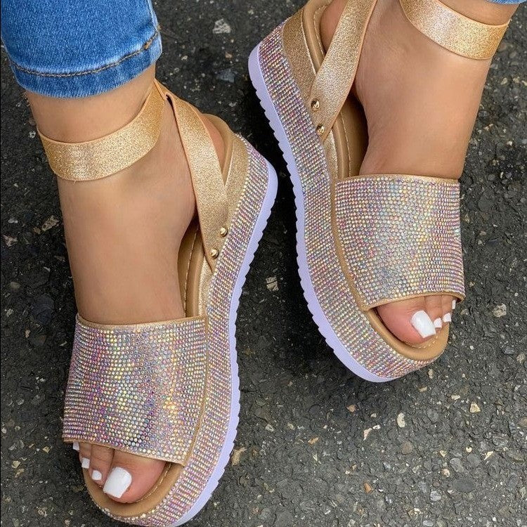 Women's Rhinestone Platform Sandals Chunky Sole Buckle Strap - Vonnera