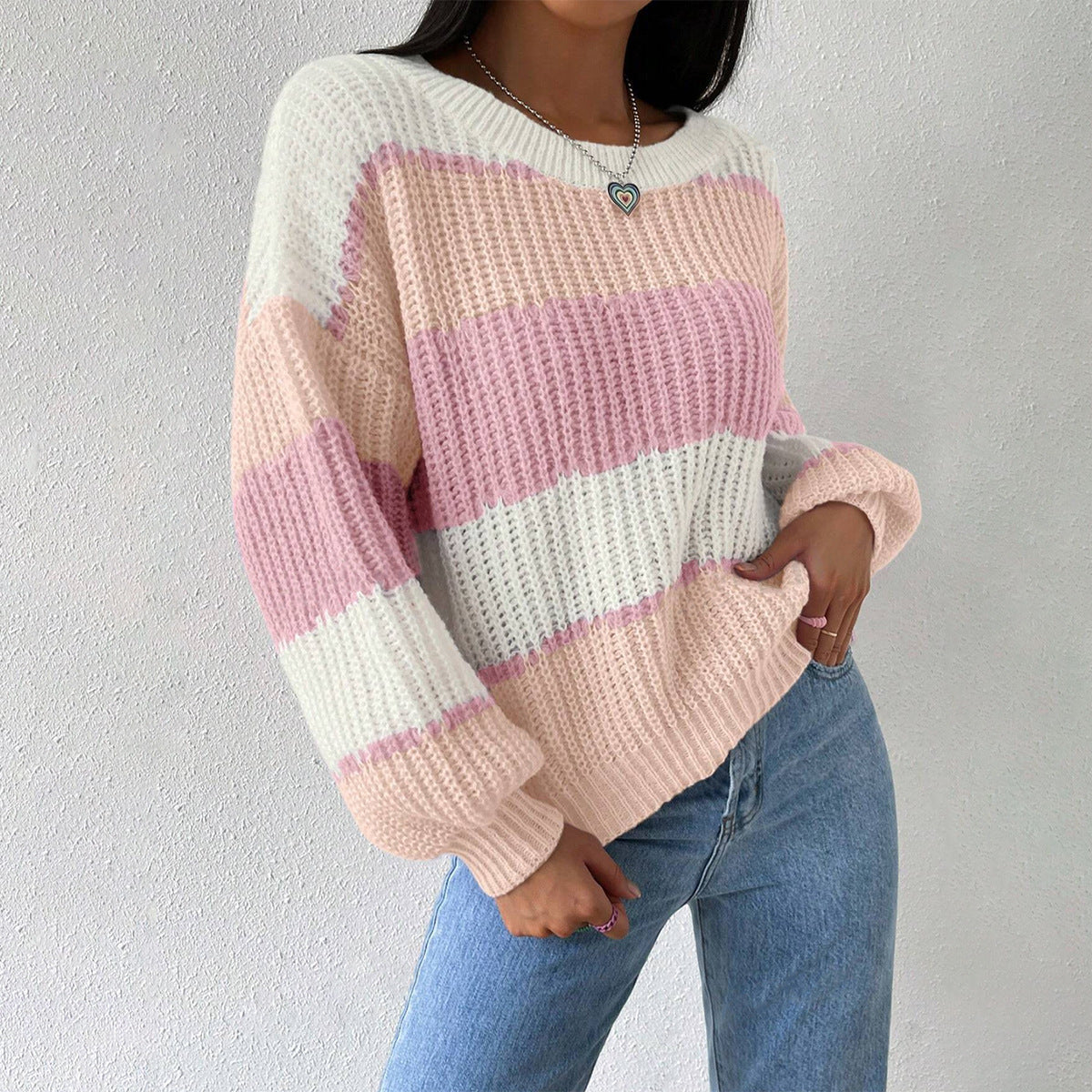 Women's Striped Knit Sweater Crew Neck Long Sleeves