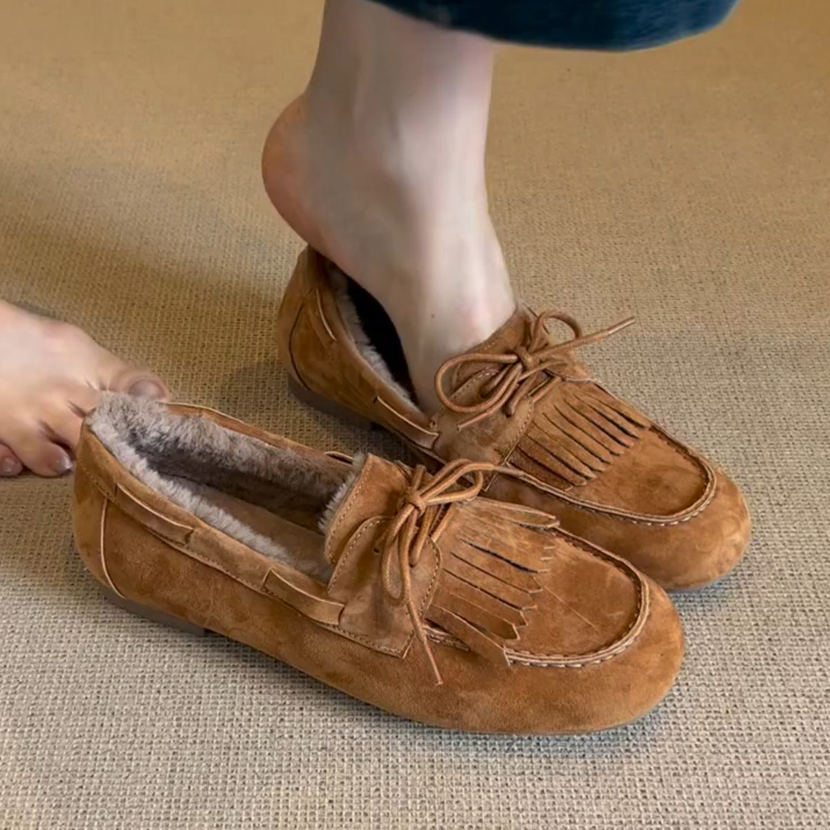 Women's Fringe Loafers Warm Lined Comfortable Classic - Vonnera
