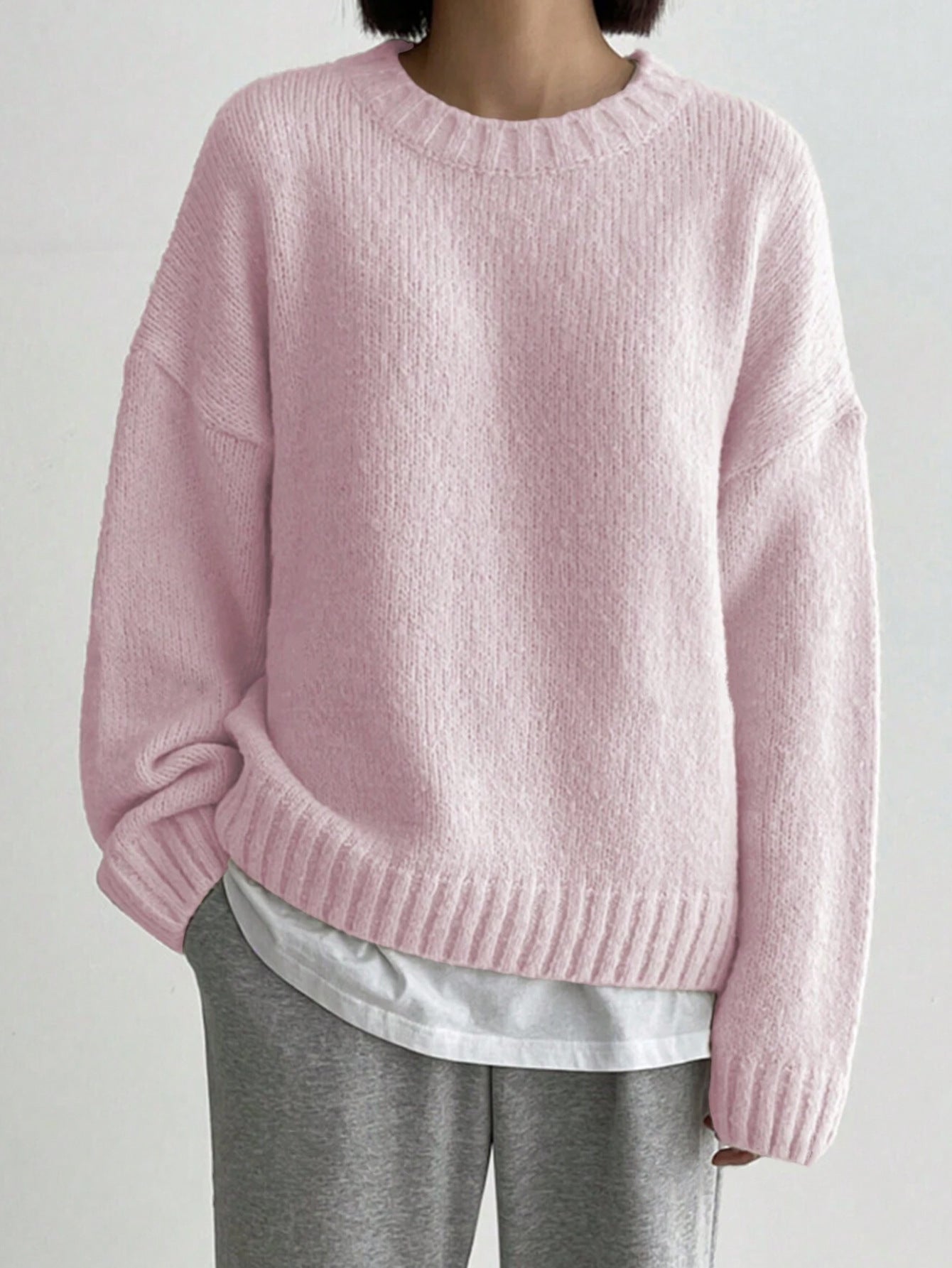 Women's Oversized Knit Sweater Crew Neck Ribbed Trim - Vonnera