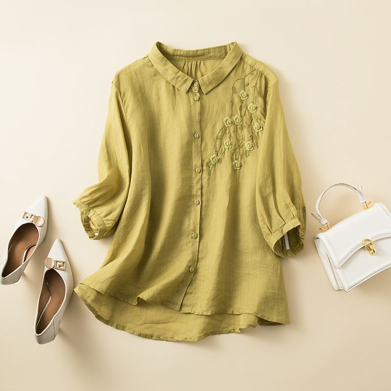 Linen Blend Women's Button-Up Blouse Embroidered Curved Hem