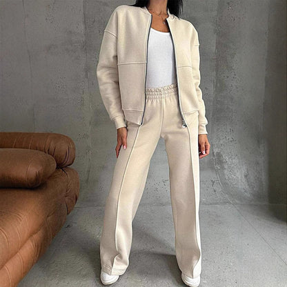 Women's Zipper Jacket Wide Leg Trousers Set - Vonnera