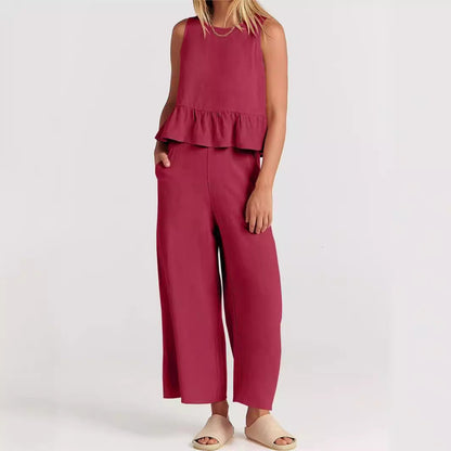 Linen Blend Women's Peplum And Pants Set