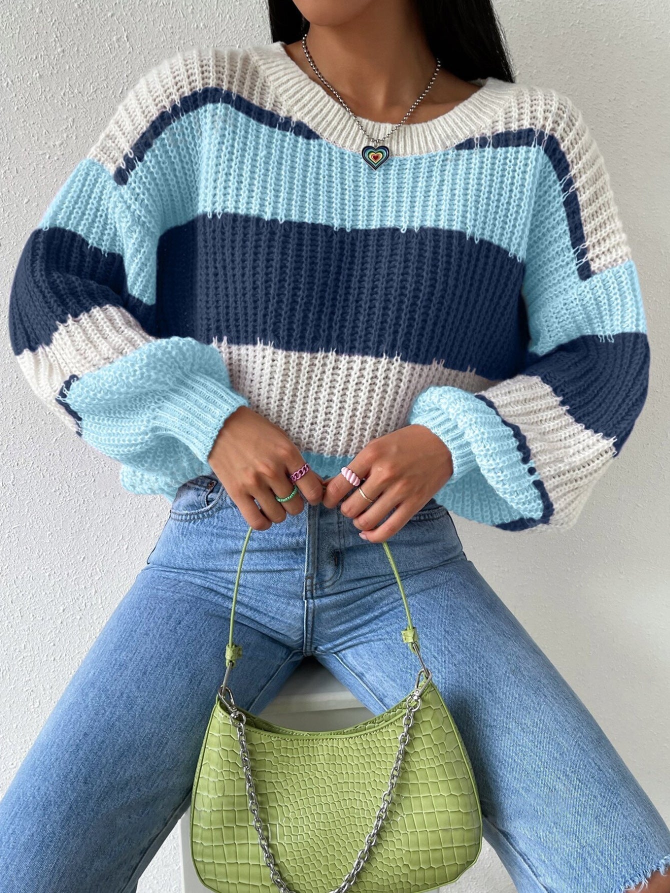 Women's Striped Knit Sweater Crew Neck Long Sleeves