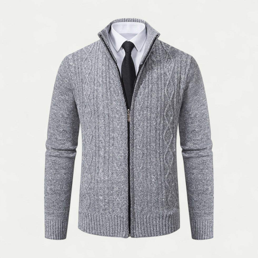 Men's Cable-Knit Zip-Up Cardigan Ribbed Hem High Collar - Vonnera