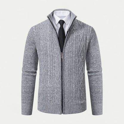 Men's Cable-Knit Zip-Up Cardigan Ribbed Hem High Collar - Vonnera