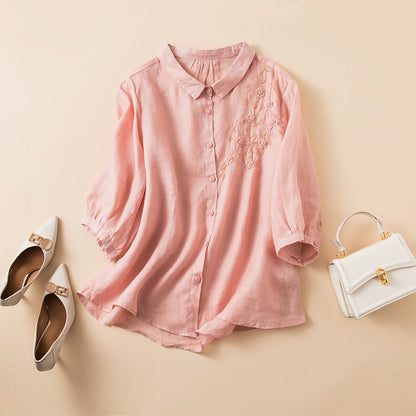 Linen Blend Women's Button-Up Blouse Embroidered Curved Hem