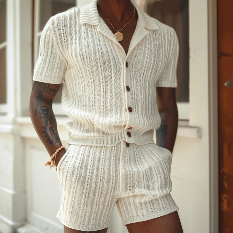 Men's Knit Shirt And Shorts Set Slim Fit Ribbed Texture - Vonnera