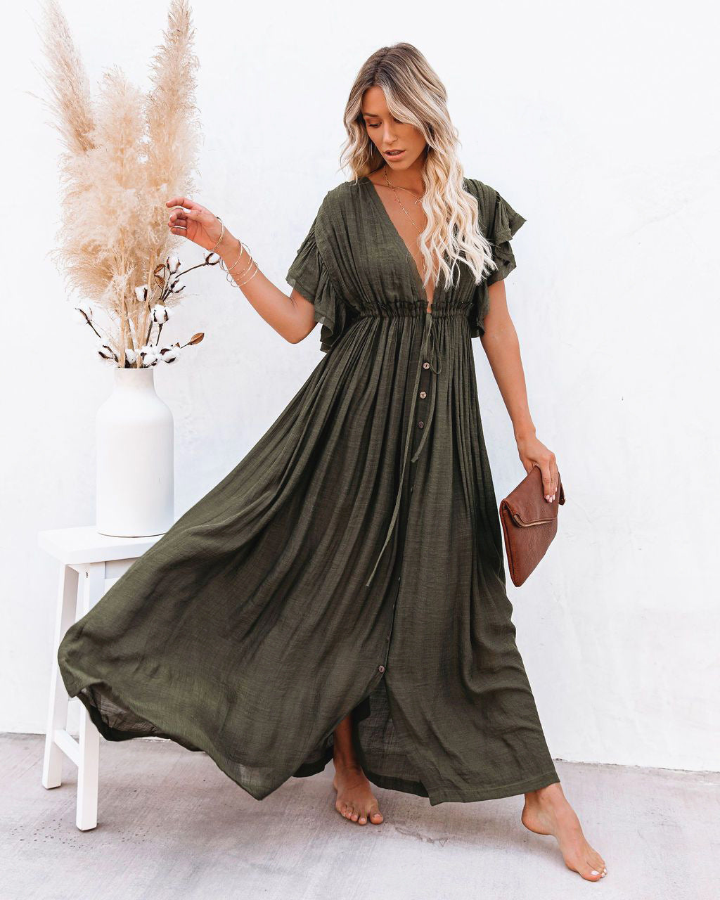 Women's Boho Beach Cover Up V Neck Flowy White