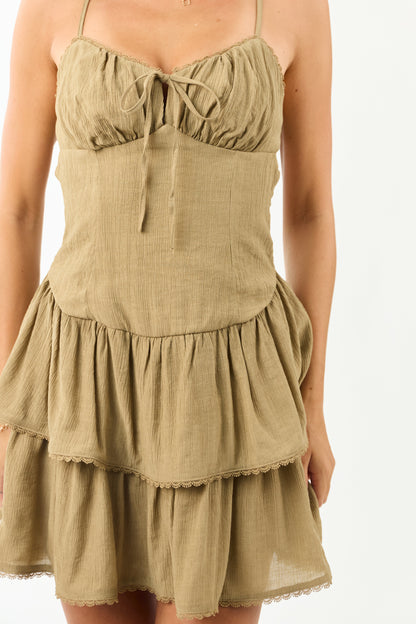 Women's Ruched Mini Dress Tiered Cut-Out Back Olive Green