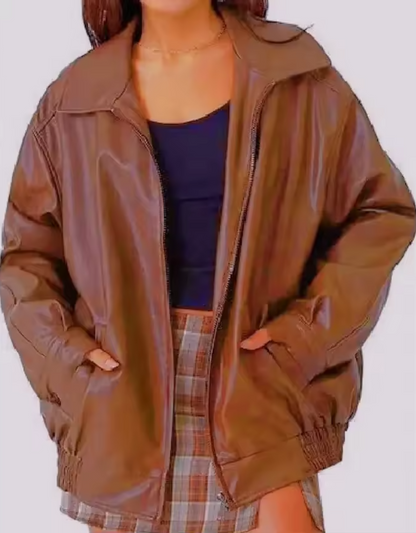 Women's Leather Zip-Up Jacket Relaxed Fit High Collar Black