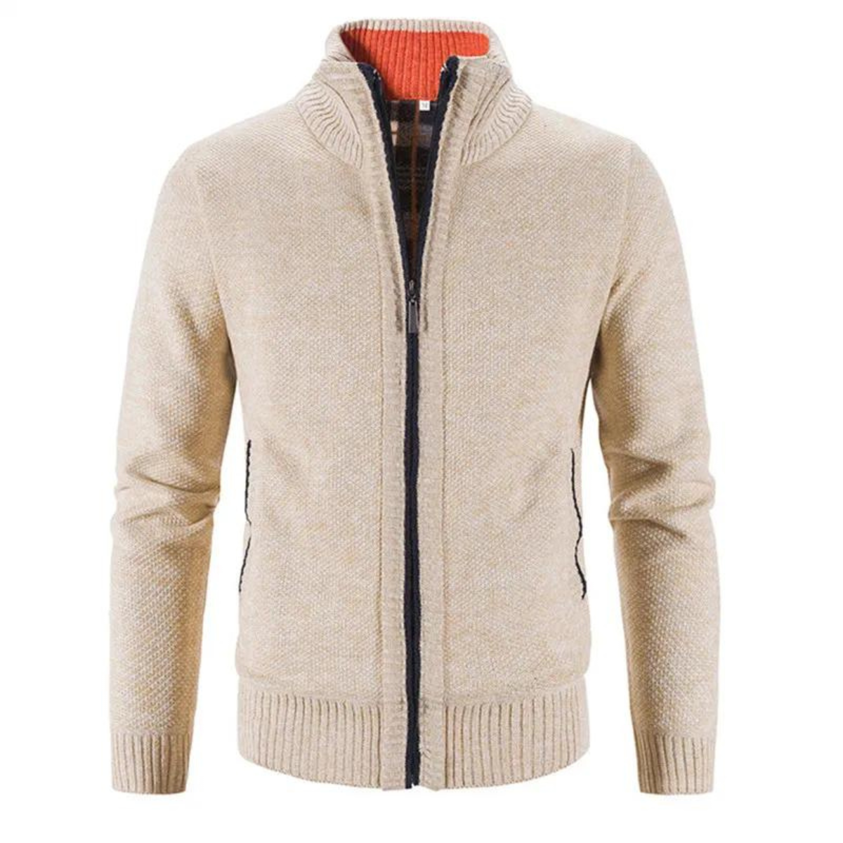Men's Zip-Up Cardigan Mock Neck Contrast Trim Beige