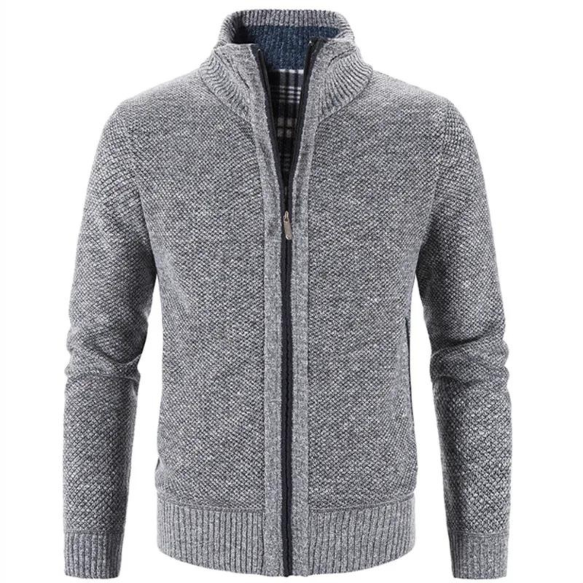 Men's Zip-Up Cardigan Mock Neck Contrast Trim Beige