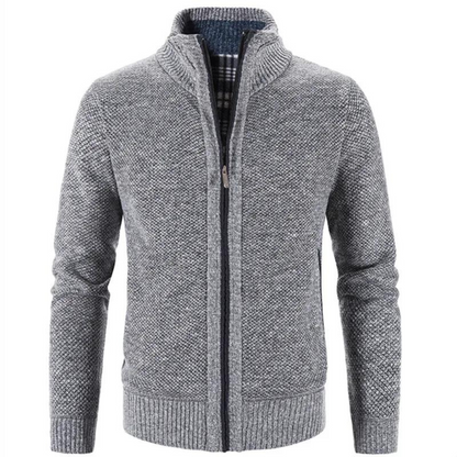 Men's Zip-Up Cardigan Mock Neck Contrast Trim Beige