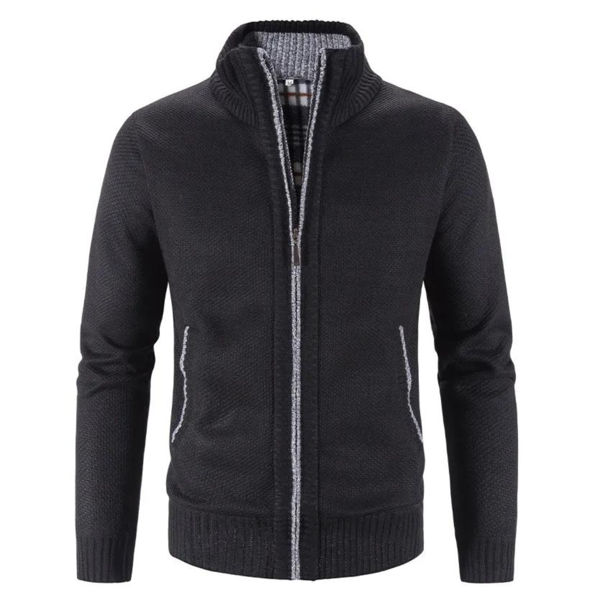 Men's Zip-Up Cardigan Mock Neck Contrast Trim Beige - Vonnera