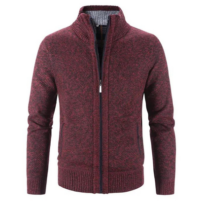 Men's Zip-Up Cardigan Mock Neck Contrast Trim Beige