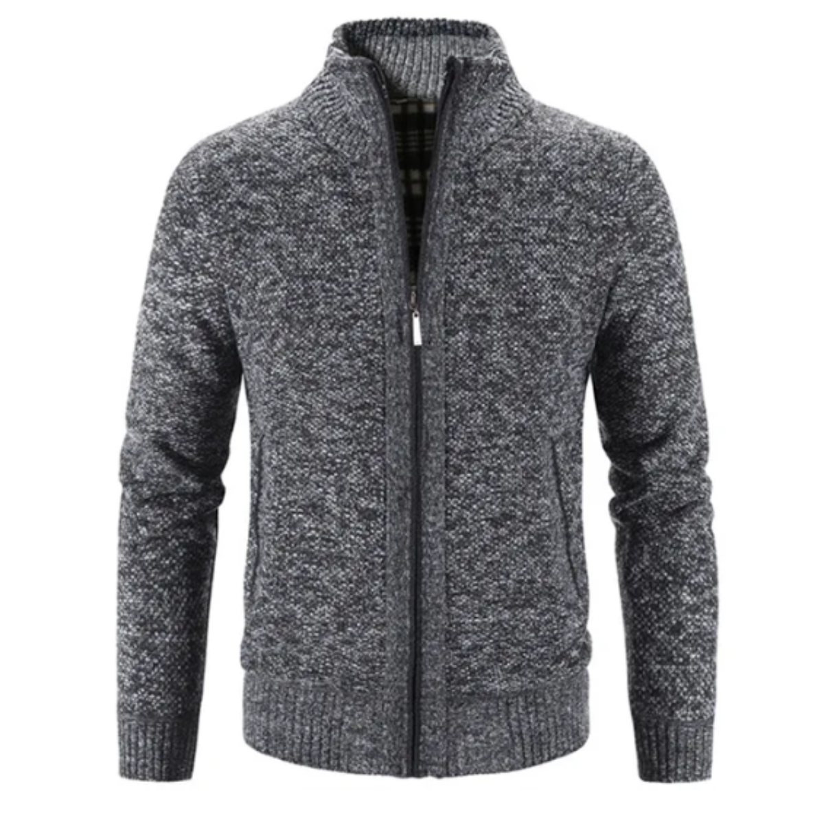 Men's Zip-Up Cardigan Mock Neck Contrast Trim Beige