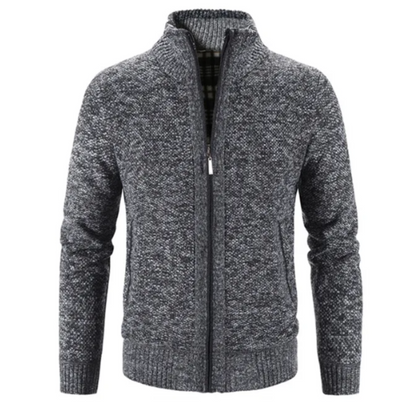 Men's Zip-Up Cardigan Mock Neck Contrast Trim Beige