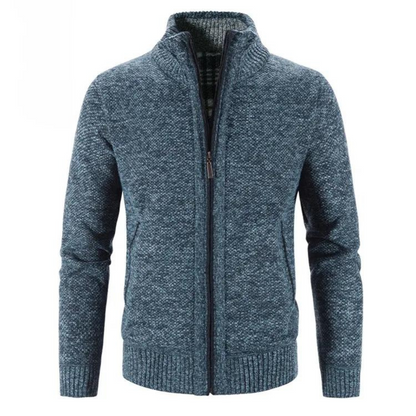 Men's Zip-Up Cardigan Mock Neck Contrast Trim Beige