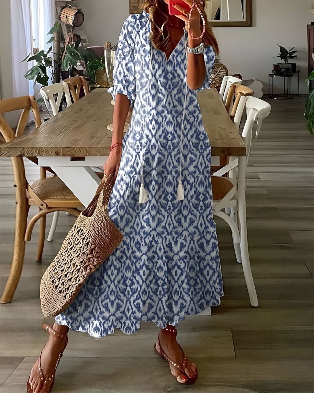 Women's V-Neck Boho Dress Tassel Tie Front - Vonnera