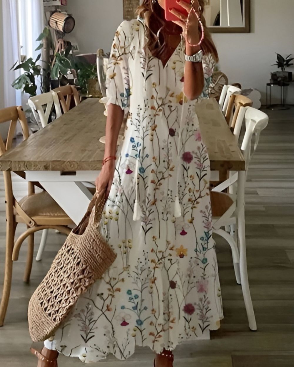 Women's V-Neck Boho Dress Tassel Tie Front