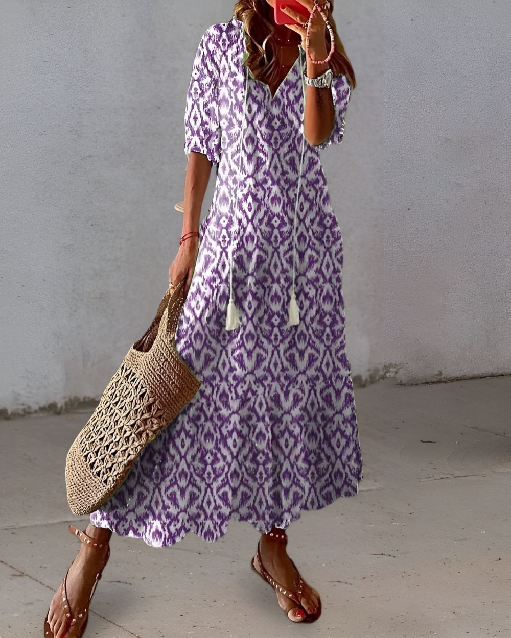 Women's V-Neck Boho Dress Tassel Tie Front