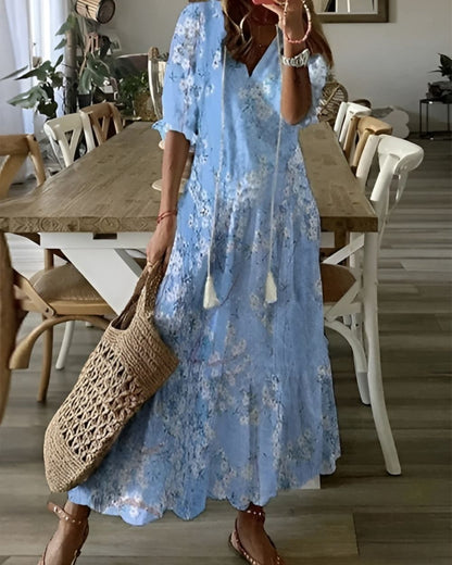 Women's V-Neck Boho Dress Tassel Tie Front