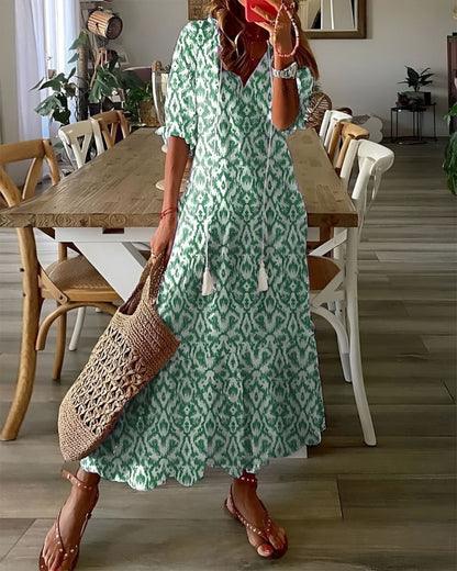 Women's V-Neck Boho Dress Tassel Tie Front