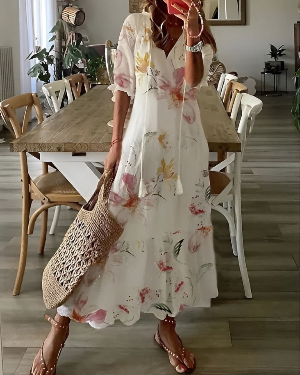 Women's V-Neck Boho Dress Tassel Tie Front