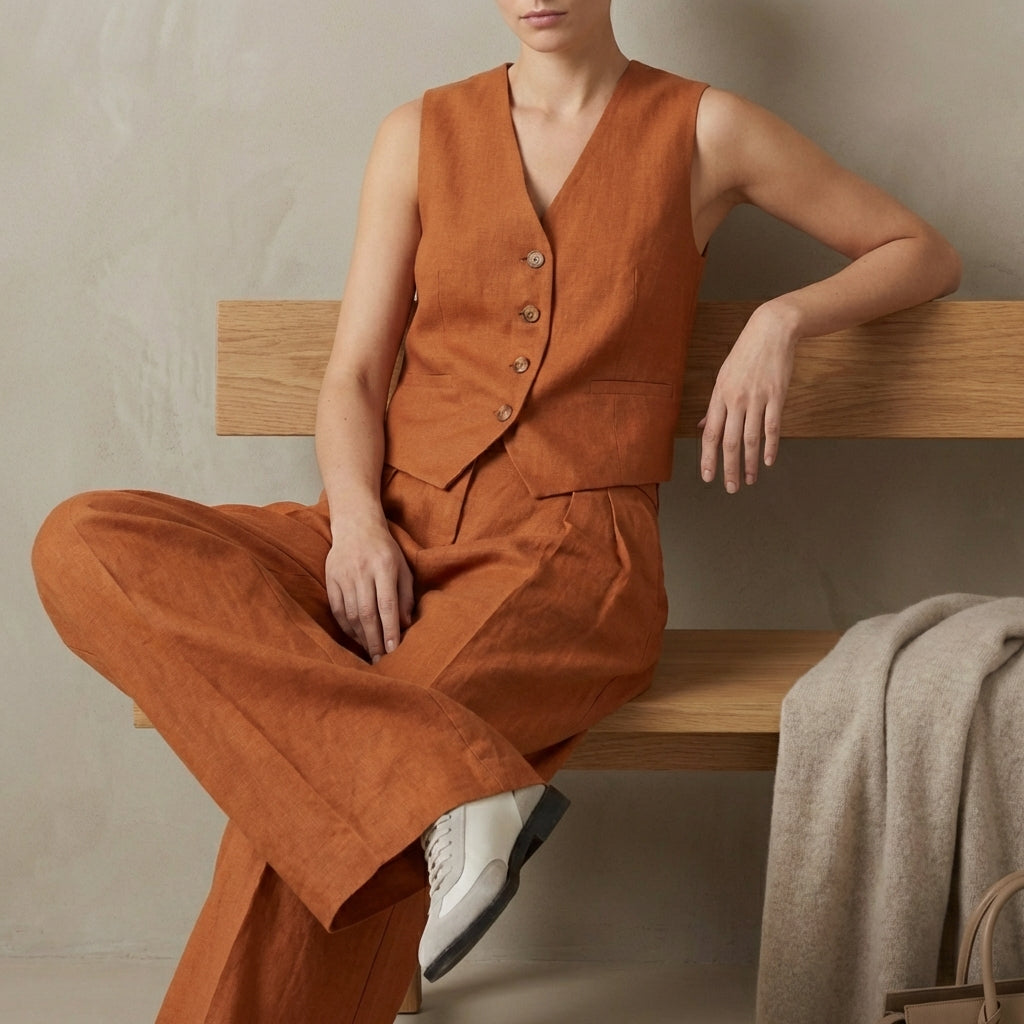 Linen Vest And Trousers Set Sleeveless High Waisted