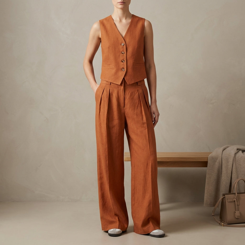 Linen Vest And Trousers Set Sleeveless High Waisted - Vonnera