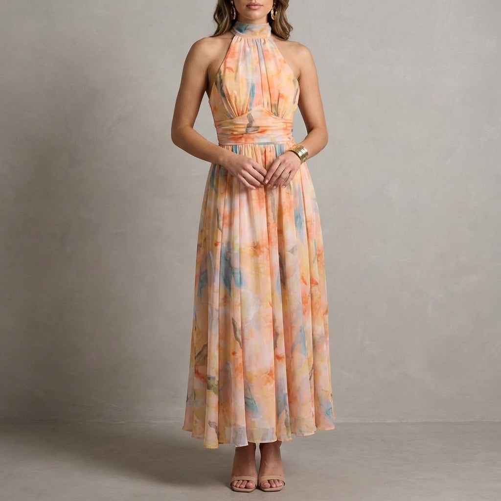 Women's Chiffon Maxi Dress Halter Neck with Waist Tie - Vonnera
