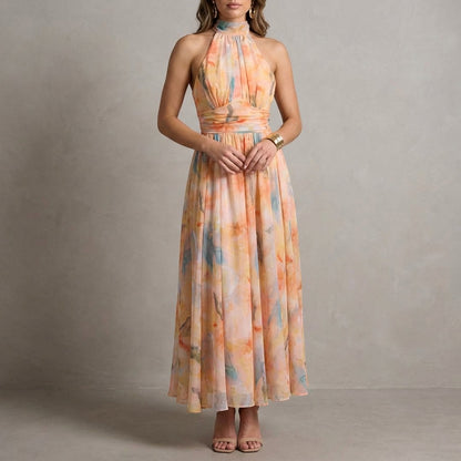 Women's Chiffon Maxi Dress Halter Neck with Waist Tie - Vonnera