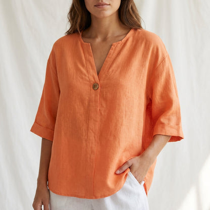 Women's Cotton Blouse V-Neck Cuffed Sleeves White
