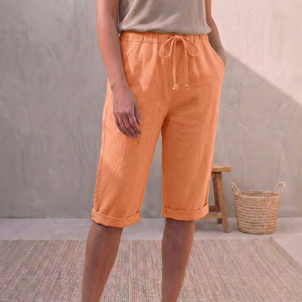 Linen Capri Pants Relaxed Fit Drawstring Waist Cuffed Beige