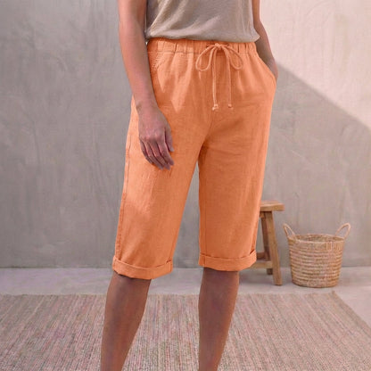 Linen Capri Pants Relaxed Fit Drawstring Waist Cuffed Beige