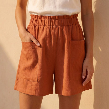Women's Relaxed Fit Paperbag Shorts Cotton Patch Pockets Beige