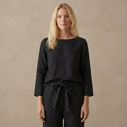 Women's Linen Two Piece Set Boat Neck Blouse Drawstring Pants