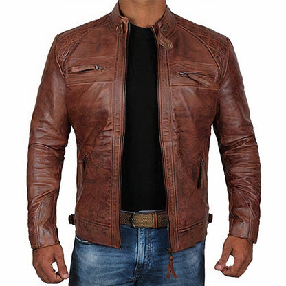 Men's Leather Motorcycle Jacket Zipper Pockets - Vonnera